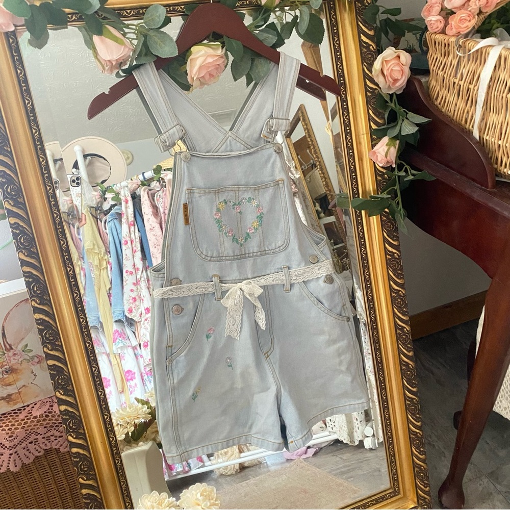 Light Denim Cottage-core Overalls With Floral Embroidered Heart - Picture 5 of 7